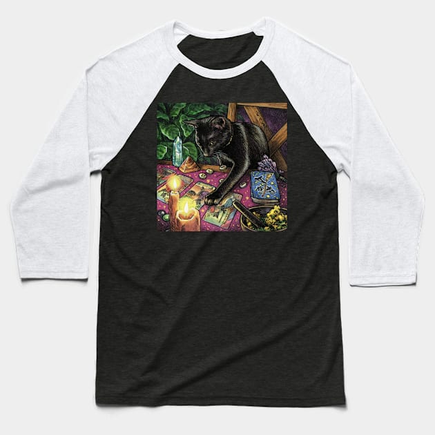 Black Cat Reading Tarot Baseball T-Shirt by Elisabeth Alba